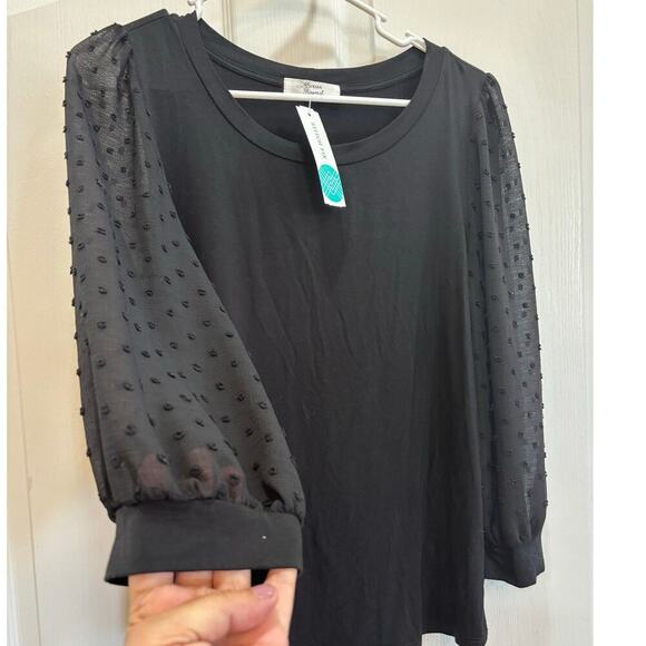 NWT Beacon Apparel Women L 3/4 Sleeve Black Knit Top Sheer Sleeves Chic Classic - Picture 5 of 8